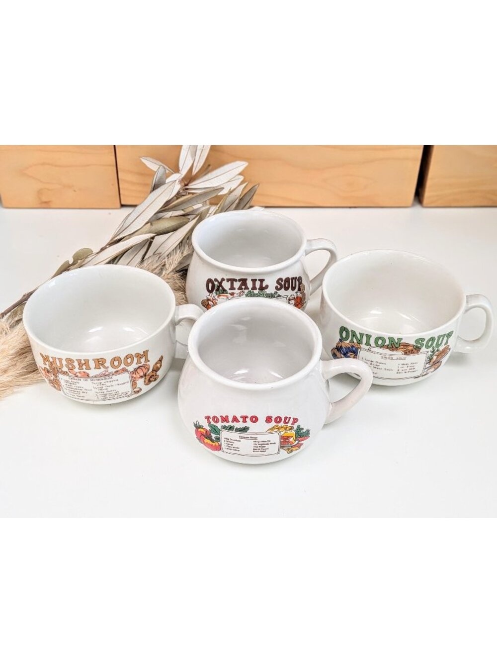 Vintage 1970s Ceramic Soup Recipe Mugs Set of 4 | Retro Printed Bowls